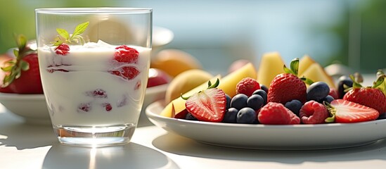 In the background, a white table is adorned with a delightful view of a refreshing summer breakfast a fruit salad topped with milk, strawberries, and other colorful fruits. This wholesome food choice