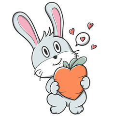 Cartoon rabbit holding a heart shaped carrot