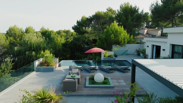 Chic Villa Poolside Lounging Area in Southern France, Aerial flyover