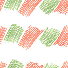 Seamless pattern of orange and green spots. Colored pencil shading. Imitation of children's handwriting. Colored chalk texture. For the design of notepads, notebooks, backgrounds, textiles, cards