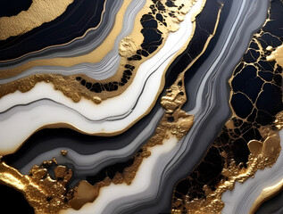 abstract black ink waves and golden splashes. natural stone.