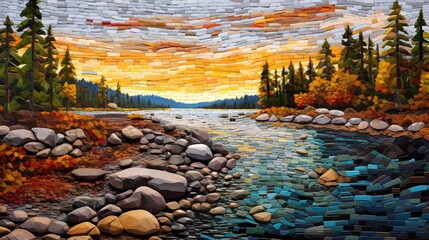 Naklejka premium abstract landscape with river, forest and colorful autumn trees.