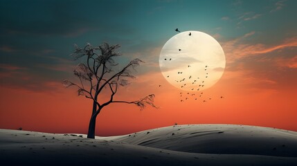 Fantasy landscape with lonely tree in the desert.