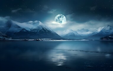 Fantasy landscape with mountains and lake at night in full moon light.