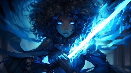 Female robot in futuristic space with blue light.