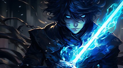 Female robot in futuristic space with blue light.