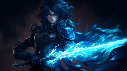Female robot in futuristic space with blue light.