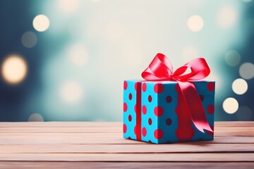 Gift box on wooden table with bokeh lights on background.
