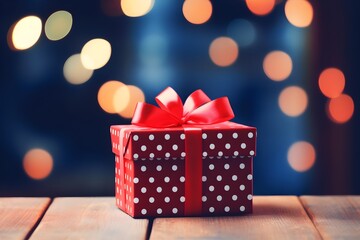 Gift box on wooden table with bokeh lights on background.
