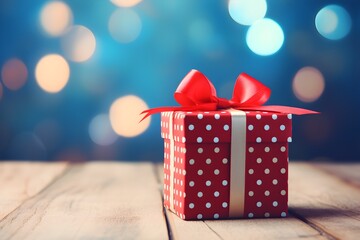 Gift box on wooden table with bokeh lights on background.
