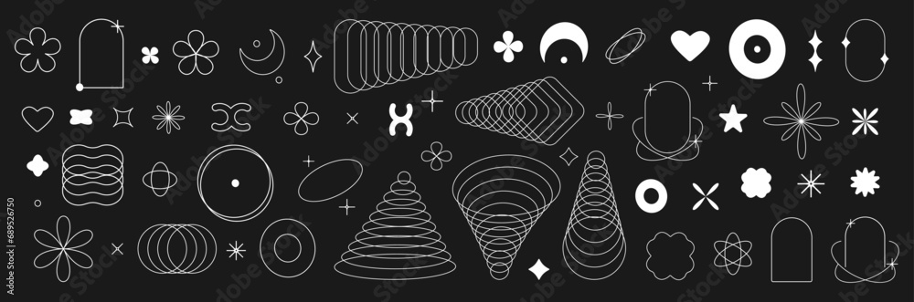 Poster Abstract rave set in trendy y2k style. Black and white retro futuristic isolated shapes and frames.  Elements for banner, poster, background, card, cover. Vector illustration on black background.