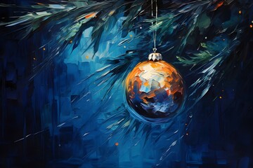 Blue christmas ball hanging on fir tree branch in dark winter forest.