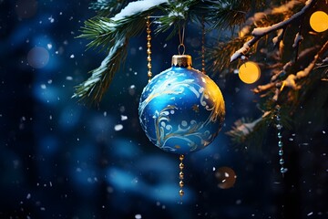 Blue christmas ball hanging on fir tree branch in dark winter forest.