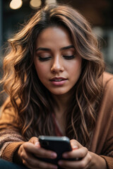ai generative, beautiful woman is enjoying the excitement of using a cellphone.