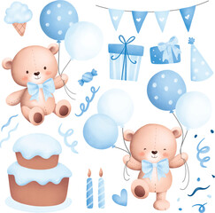 Watercolor Illustration Set of Baby Teddy Bears and Cute Elements