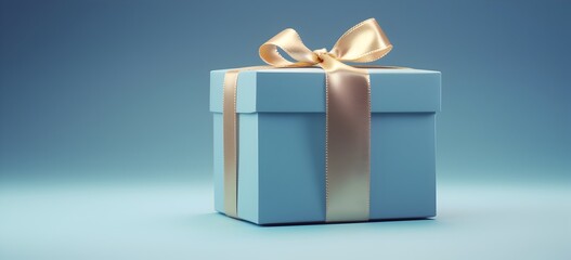 Blue gift box with gold ribbon on blue background.