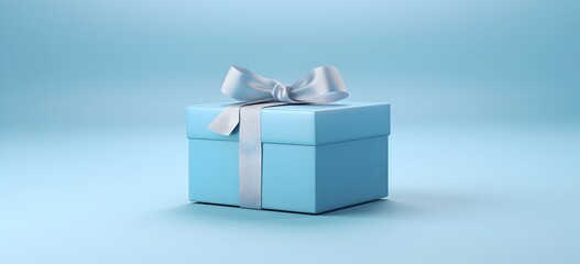 Blue gift box with grey ribbon on blue background.