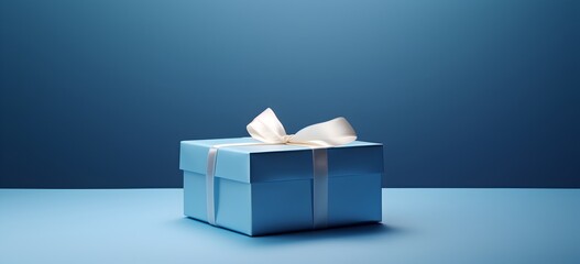 Blue gift box with grey ribbon on blue background.