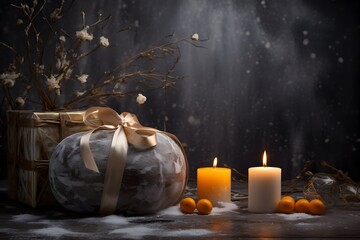 Christmas still life with gift boxes, branches of sea buckthorn and candles on dark background.