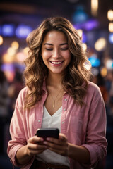 ai generative, beautiful woman is enjoying the excitement of using a cellphone.