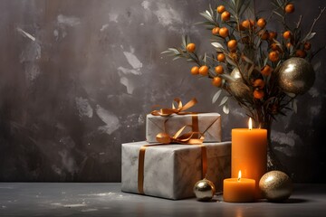 Christmas still life with gift boxes, branches of sea buckthorn and candles on dark background.