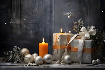 Christmas still life with gift boxes, branches of sea buckthorn and candles on dark background.