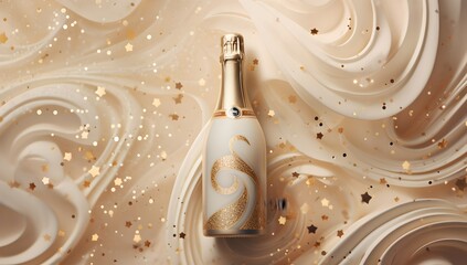 Bottle of champagne with gold splashes on a beige background.