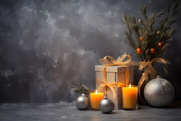 Christmas still life with gift boxes, branches of sea buckthorn and candles on dark background.