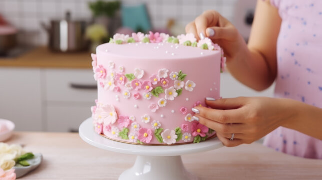 Close Up Of Woman In Bakery Decorating Cake With Icing