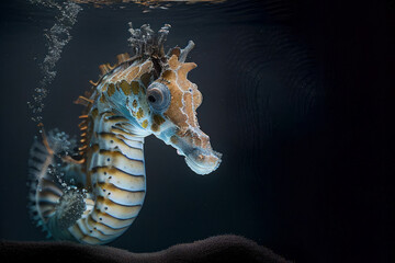 Hippocampus or Seahorses, is a species of fish in the Syngnathidae family. Generative AI.