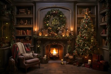 Christmas living room with fireplace and christmas tree.