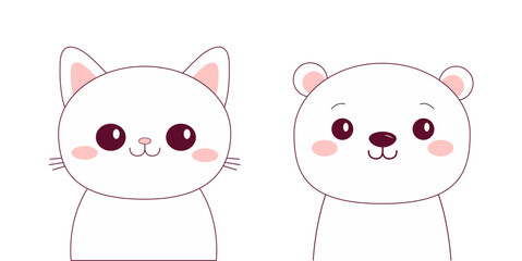 White bear, cat face set. Black contour doodle silhouette. Kawaii animal. Cute cartoon character. Funny baby with eyes, nose, ears pink cheeks. Love Greeting card. Flat design. White background