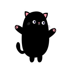 Cat with hands, pink paw print, cheeks. Funny face head. Cute sad black kitten. Cartoon baby character. Funny kawaii animal. Pet collection. Sticker print. Flat design. White background. Isolated.