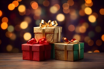 Gift boxes and burning candles on wooden background with christmas tree.