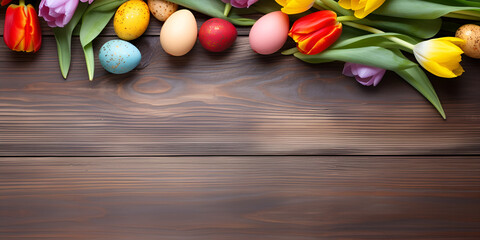 Easter eggs and tulips on wooden planks ,Wooden Plank Setting with Easter Eggs and Tulips