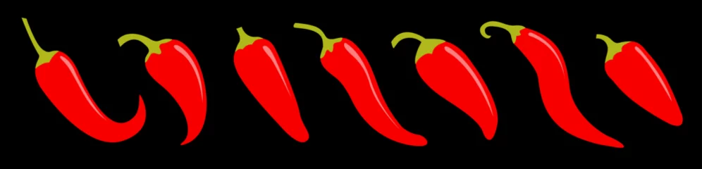 Fotobehang Hot chili pepper icon set. Fresh red chili cayenne peppers. Hot food spices. Line banner. Flat design. Black background. Isolated. © worldofvector