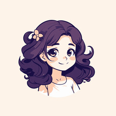 Cute girl with long curly hair. Vector illustration in cartoon style.