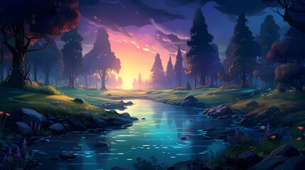 Fantasy landscape with river, forest and sunset.