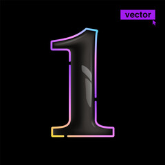 1 logo. Glossy black One number icon with vivid neon lines. Rainbow gradient badge for Super Sale banner.