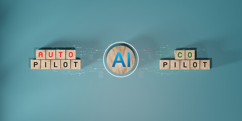 AI aoto pilot. AI co pilot. Wooden cube block with AI, Artificial Intelligence,System Artificial...