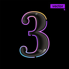 3 logo. Glossy black Three number icon with vivid neon lines. Rainbow gradient badge for Super Sale banner.