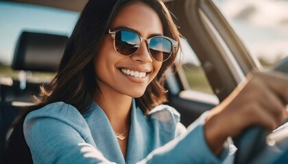Naklejka premium young adult woman driving a car, smiling joyfully