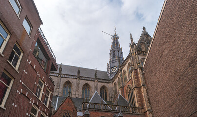 View of facade of the Grote Kerk or St.-Bavokerk (St. Bavo Church) in Haarlem, Netherlands.