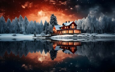 Fototapeta premium Foggy house on the shore of Lake. Fantasy winter landscape with wooden house on the shore of lake at night.