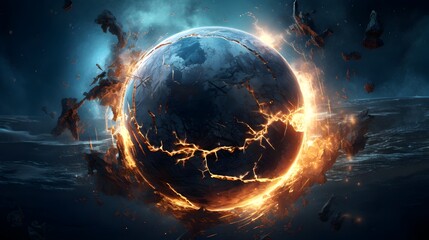 Earth planet in fire and smoke.