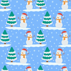 Vector seamless Christmas pattern with a Christmas tree, snowflakes and a snowman on a blue background. Suitable for textiles, gift cards and gift wrapping paper.