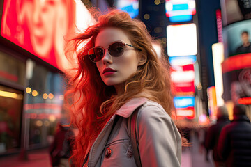 Female tourist at Times Square New York, USA