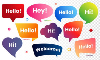 Set of Speech Bubble Hello Coloring vector. colorful Text Hello sign. Speech Red bubble with word Hello. Red Bubble Isolated on white background.