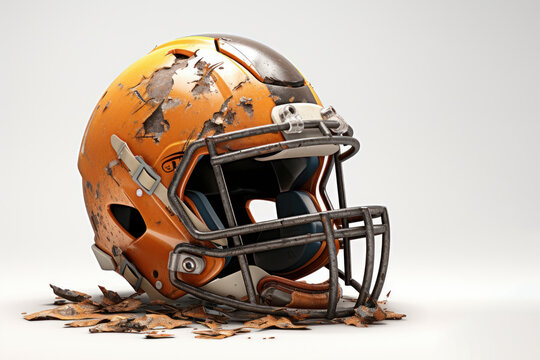 Dirty American football helmet on a white background. Generative AI.