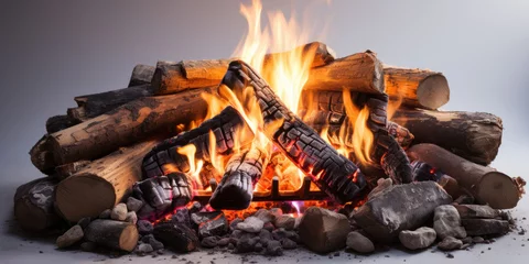 Foto op Aluminium Wood fireplace lit with fire. Heat of home. Generative AI. © Agustin